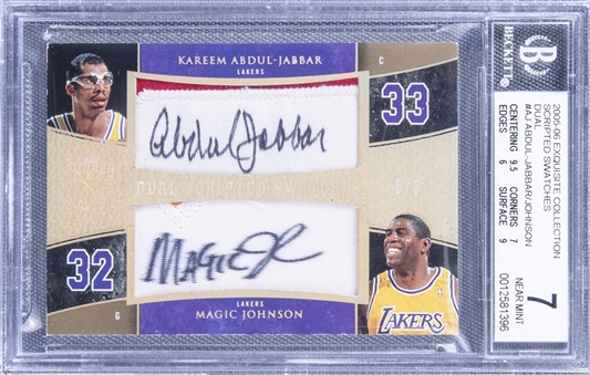 2005-06 UD "Exquisite Collection" Scripted Swatches Dual #AJ Kareem Abdul-Jabbar/Magic Johnson Signed Game Used Patch Card (#5/5) - BGS NM 7/BGS 9